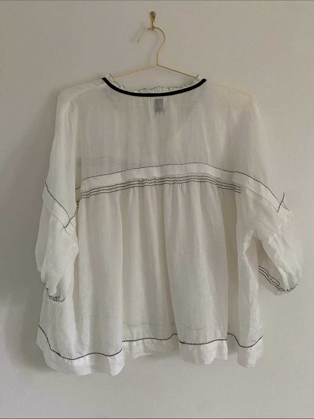 Maeve 100% Ramie White Contrast Stitch Peasant Blouse | XL - Picture 8 of 8